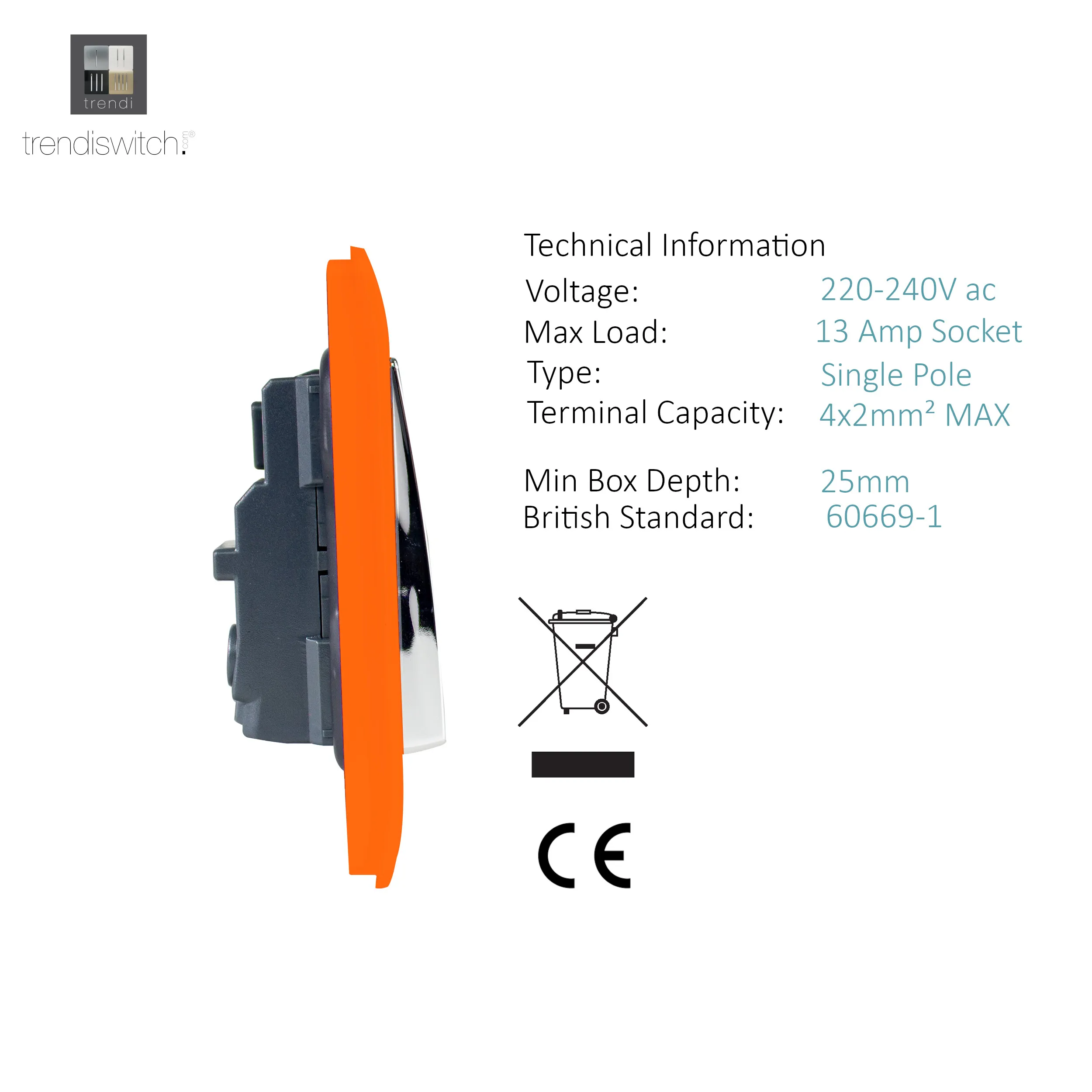 2 Gang 13Amp Long Switched Double Socket Orange ART-SKT213LOR  Trendi Orange